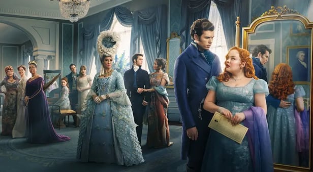 Bridgerton Season 3 cast in elegant attire, enjoying the show's soundtrack from the Soundstripe copyright free music library.