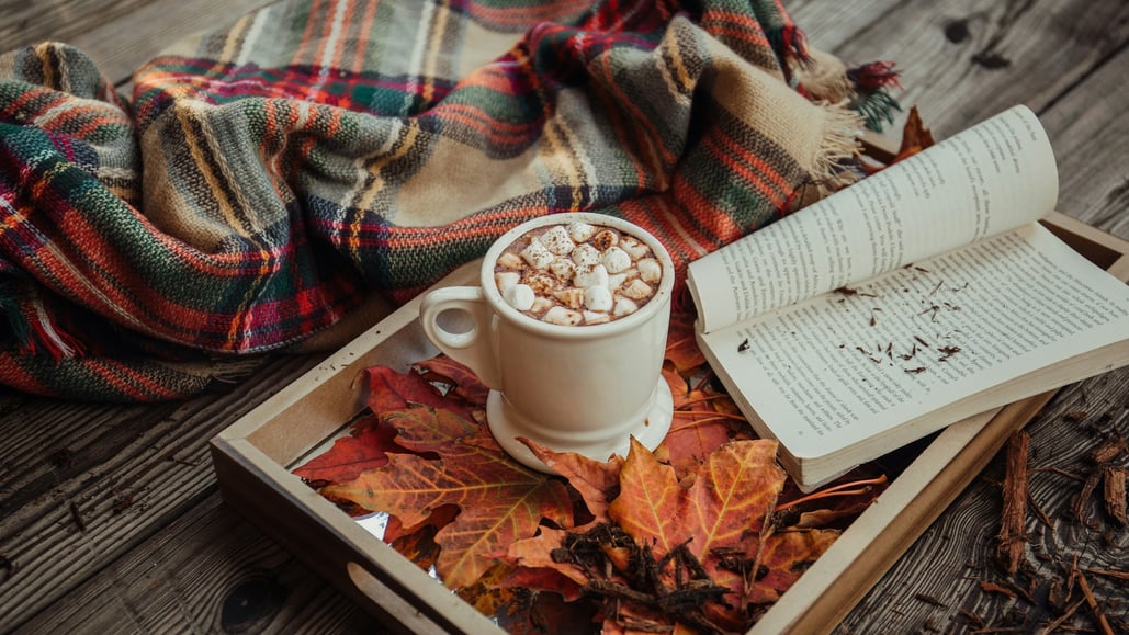 Hot chocolate on a tray with a book and a cozy blanket