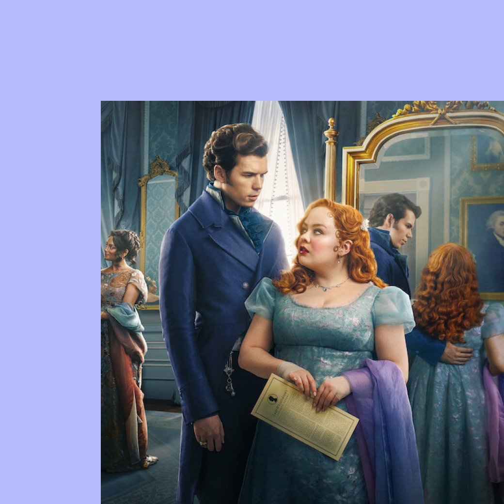 Bridgerton Season 3 cast in elegant attire, enjoying the show's soundtrack from the Soundstripe copyright free music library.