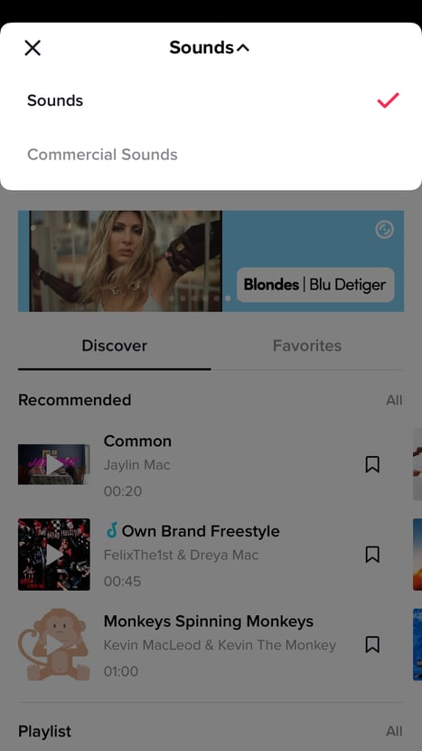 Screenshot of Discover Sounds on TikTok