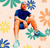 Ivy States sits in front of florals, spotlighting Soundstripe’s commercial music library for creators.