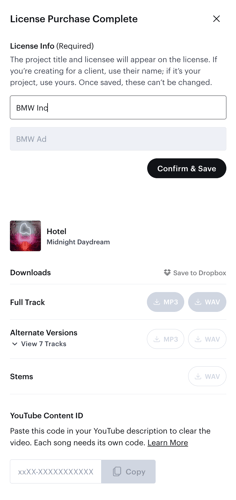 view of license purchase complete with single-use licensing in Soundstripe