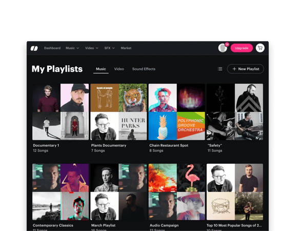 Curated playlists help users find and download music for podcast, TV, or video production.