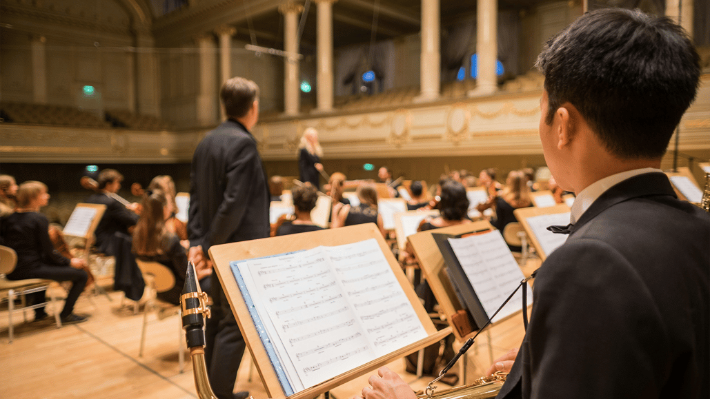 Musicians in an orchestra playing songs under public domain