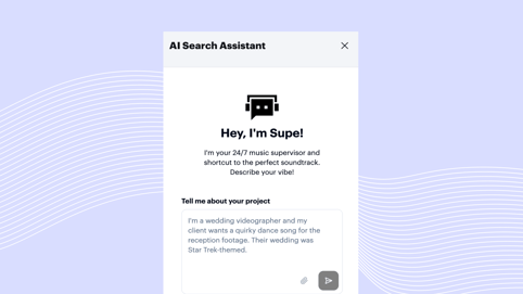 Supe AI search assistant on purple background Soundstripe